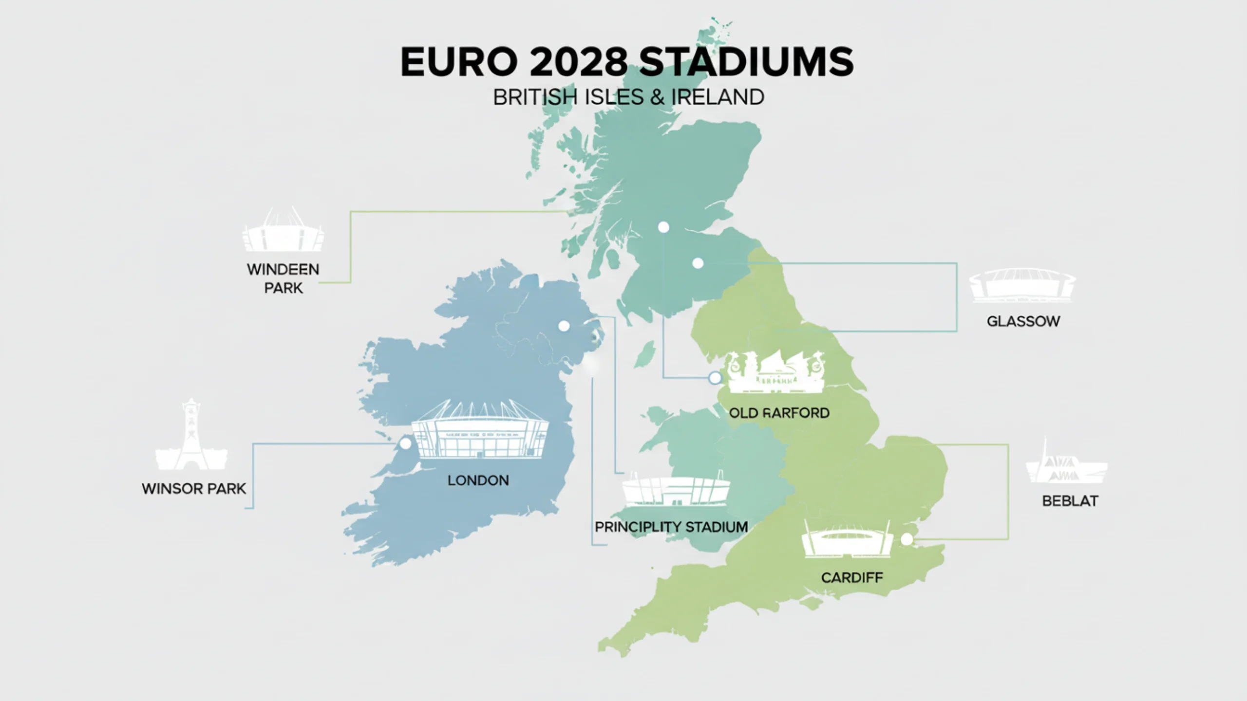 Oversigt over værtsstadioner til EM 2028 i Storbritannien og Irland