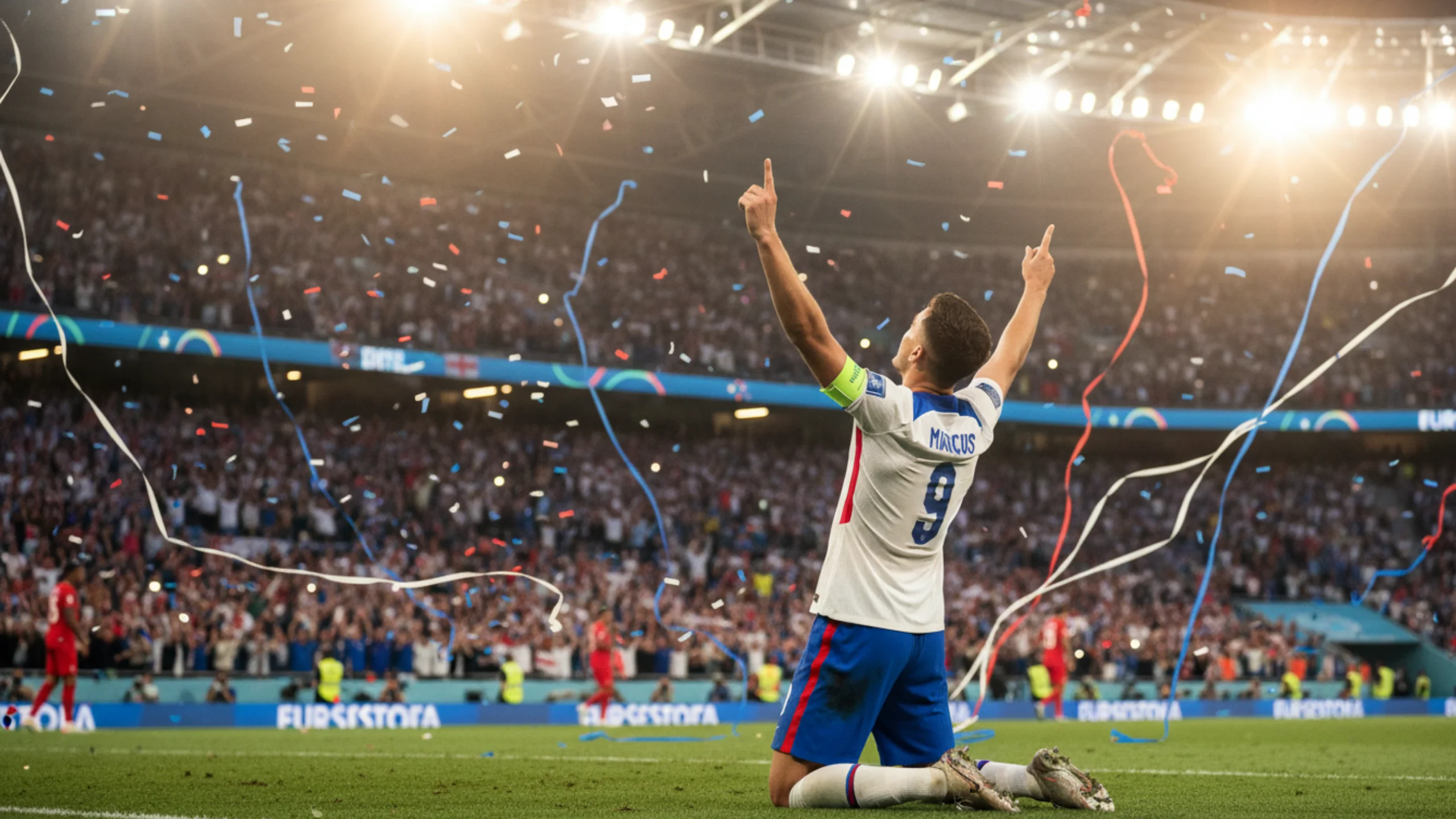 Fodboldangriber fejrer mål ved EM-slutrunde med arme i vejret